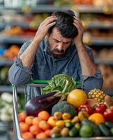 ai generato stressato uomo nel shopping carrello pieno di frutta e verdure mani su testa sensazione triste, inflazione In tutto il mondo foto