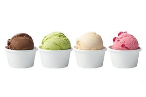 ai generato delizioso ghiaccio crema scoop nel bianca tazze di cioccolato, fragola, vaniglia, e verde tè sapori isolato su bianca sfondo. creato con generativo ai foto