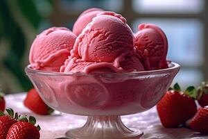 ai generato delizioso fragola ghiaccio crema scoop nel un' bicchiere contenitore. creato con generativo ai foto