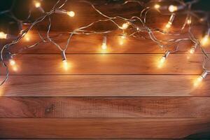 ai generato festivo Natale decorazioni su di legno tavolo. creato con generativo ai foto