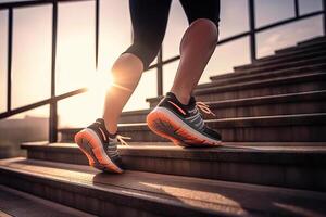 ai generato corridore atleti piedi conquista le scale con luce del sole, formazione per diventare un' vincitore con un' auto-sfida tema. creato con generativo ai foto