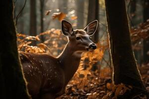 ai generato elegante cervo nel crepuscolo foresta. creato con generativo ai foto