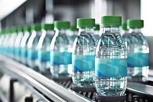 ai generato produzione linea di in bottiglia bevande nel plastica bottiglie su pulito fabbrica pavimento. creato con generativo ai foto