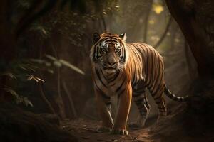 ai generato maestoso tigre in piedi ancora nel il foresta. creato con generativo ai foto