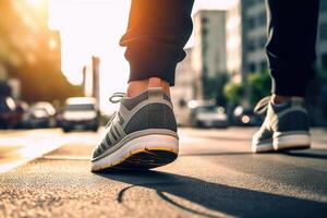 ai generato urbano passo avvicinamento di dell'uomo sport sneaker a piedi su strada con fiducia. creato con generativo ai foto