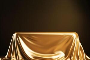 ai generato lussuoso d'oro tessuto su vuoto podio con oro sfondo. creato con generativo ai foto