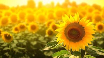 ai generato d'oro campo di girasoli allungamento per il orizzonte. creato con generativo ai foto