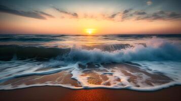 ai generato sereno Alba al di sopra di il mare con bellissimo schiumoso onde lavaggio contro il costa. creato con generativo ai foto