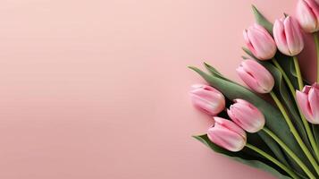 ai generato fioritura bellezze superiore Visualizza di primavera tulipano fiori su rosa sfondo. creato con generativo ai foto