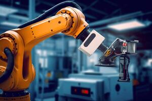 ai generato inteligente industriale automazione Avanzate robotica braccio nel moderno fabbrica. creato con generativo ai foto