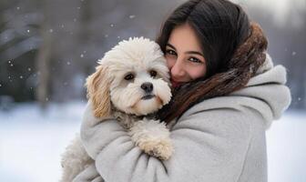 ai generato un' sereno inverno scena donna Abbracciare una persona sua giocoso bianca cane nel il neve foto