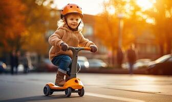 ai generato poco ragazza godendo un' scooter cavalcata attraverso un' vivace Quartiere foto