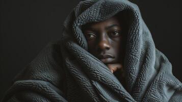 ai generato ritratto di giovane africano americano donna avvolto nel grigio coperta foto