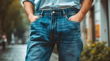 ai generato Uomini jeans. avvicinamento di un' dell'uomo mano nel un' jeans tasca. foto