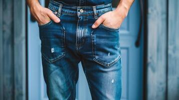 ai generato Uomini jeans. avvicinamento di un' dell'uomo mano nel un' jeans tasca. foto