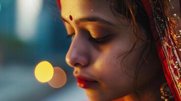 ai generato vicino su di un' giovane indiano donna nel sari a notte foto