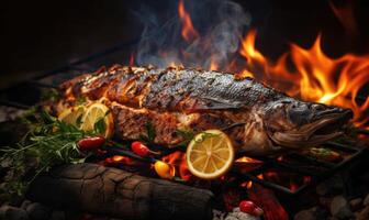 ai generato un' delizioso grigliato pesce frizzante al di sopra di ardente fiamme foto