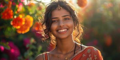 ai generato emotivo ritratto di contento indiano donna. ai generato foto
