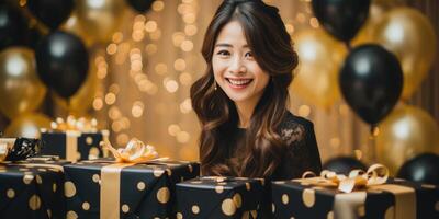 ai generato contento asiatico compleanno donna Tenere con regalo scatola, nero e oro palloncini nel il sfondo. ai generato foto