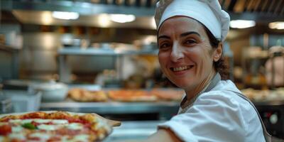ai generato ritratto di contento italiano femmina capocuoco cucinando Pizza. ai generato foto