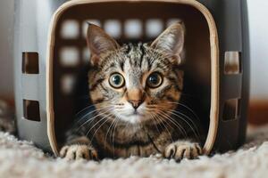 ai generato carino soriano gatto seduta nel animale domestico vettore scatola. ai generato foto