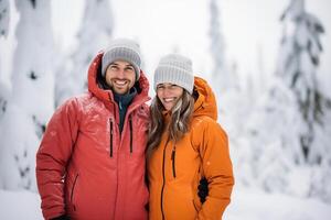 ai generato nevoso abbraccio - coppia gioia nel inverno Paese delle meraviglie foto