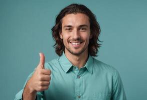 ai generato fiducioso dai capelli lunghi uomo pollici su foto