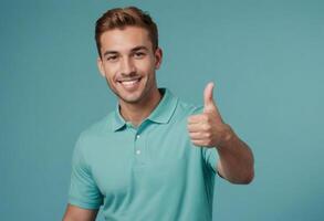 ai generato uomo nel un' alzavola polo camicia con un' pollici su, il suo pulito aspetto e affascinante Sorridi trasmettere professionalità e positività. foto