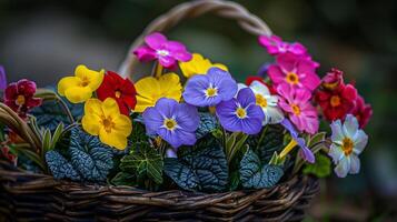 ai generato un' vicino su tiro di colorato primavera fiori disposte nel un' cestino simboleggiante il bellezza di il stagione foto