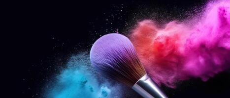 ai generato colorato trucco nube creato di rosa e blu polvere spazzole su bianca sfondo.. creato con generativo ai foto