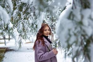 bella ragazza nel inverno foresta, giovane donna nel inverno parco foto