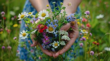 ai generato un' paio di mani Tenere un' appena raccolto mazzo di fiori selvatici contro un' fondale di lussureggiante primavera fogliame foto