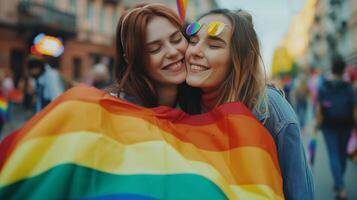 ai generato allegro contento lesbica coppia baci e abbracciare con arcobaleno bandiera durante il LGBTQ parata nel il strada foto