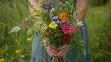 ai generato un' paio di mani Tenere un' appena raccolto mazzo di fiori selvatici contro un' fondale di lussureggiante primavera fogliame foto
