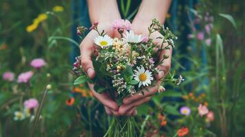 ai generato un' paio di mani Tenere un' appena raccolto mazzo di fiori selvatici contro un' fondale di lussureggiante primavera fogliame foto