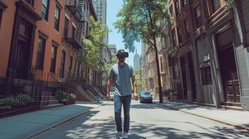 ai generato giovane uomo utilizzando vr virtuale la realtà bicchieri mentre a piedi nel città strada, stile di vita e tecnologia concetto foto