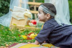 il poco bambino giocando nel il parco con frutta, poco ragazza nel il autunno parco foto