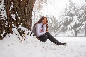 bella giovane donna nel inverno parco, rosso dai capelli ragazza nel il parco nel inverno foto