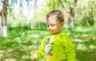 bambino giocando nel il giardino, bambino giocando su il terreno di gioco foto