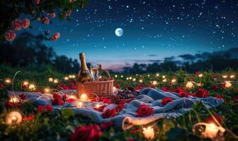 ai generato rosa petali condurre per un' coperta diffusione su il erba nel un' prato con un' picnic cestino, bellissimo stary cielo e luminosa Luna foto