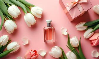 ai generato bottiglia di profumo e tulipani su rosa sfondo, primavera piatto posare foto