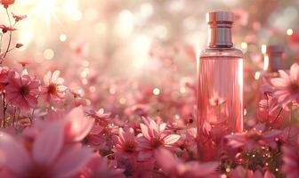 ai generato cosmetico bottiglie con rosa fiori su di legno tavolo all'aperto. bellezza trattamento foto