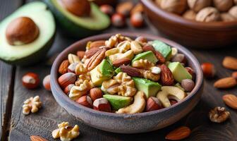 ai generato avocado e noccioline nel ciotola su di legno sfondo. salutare cibo concetto. foto