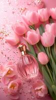 ai generato bottiglia di profumo e tulipani su rosa sfondo, primavera piatto posare foto