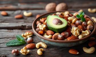 ai generato avocado e noccioline nel ciotola su di legno sfondo. salutare cibo concetto. foto