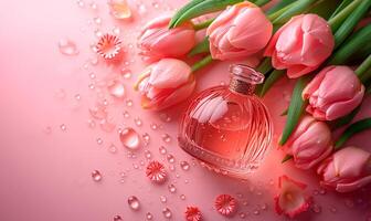 ai generato bottiglia di profumo e tulipani su rosa sfondo, primavera piatto posare foto