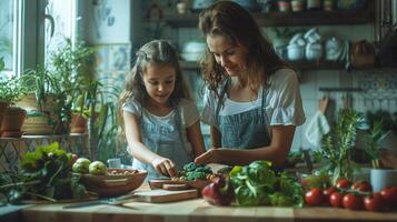 ai generato un' madre e figlia cucinando un' nutriente pasto insieme nel il cucina, famiglia tempo foto