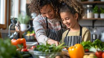 ai generato un' madre e figlia cucinando un' nutriente pasto insieme nel il cucina, famiglia tempo foto