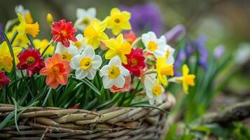 ai generato un' vicino su tiro di colorato primavera fiori disposte nel un' cestino simboleggiante il bellezza di il stagione foto