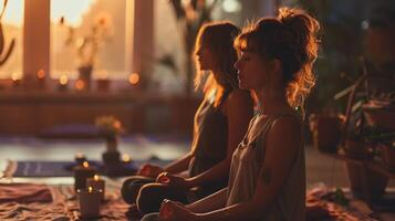 ai generato un' madre e figlia praticante meditazione insieme a casa foto